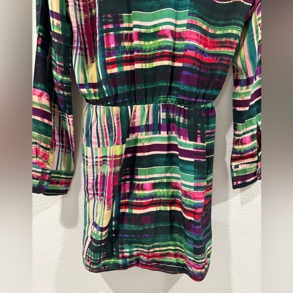 Parker 100% Silk Faux Wrap Surplice Neckline Long Sleeve Mini Colorful Dress S - Picture 11 of 14